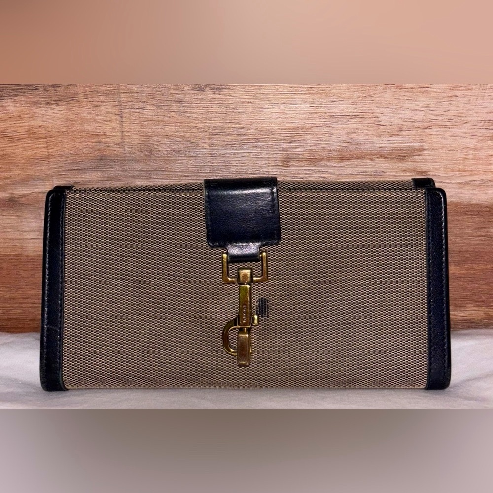 Gucci Vintage Tan Canvas with Black Leather Long Wallet